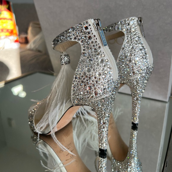 EUC JIMMY CHOO Viola Crystal Embellished feather-trimmed satin sandals $2,295 - Picture 16 of 16